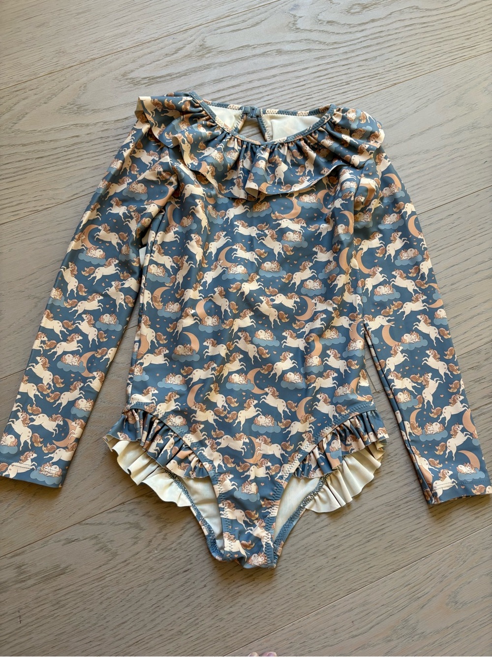 konges sløjd Long-Sleeve Ruffle Kids One-Piece Swimsuit in Slate Blue